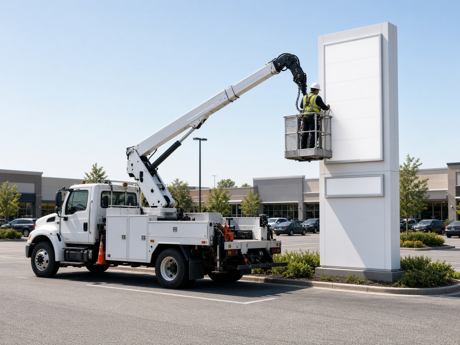 Lift truck servicing a pylon sign
