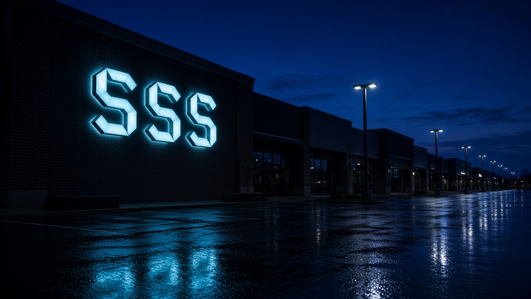 Illuminated commercial signage at dusk